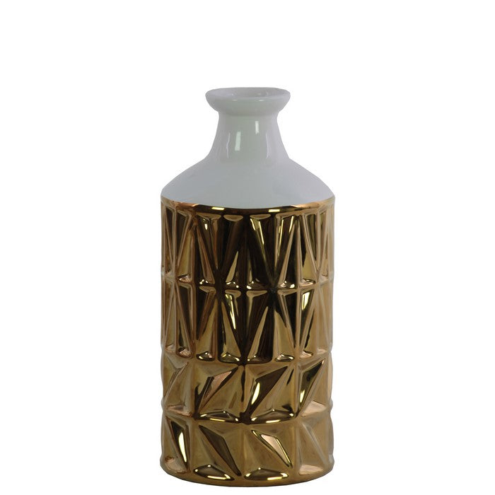 Round Ceramic Vase With White Banded Rimmed Top, Small, Chrome Gold