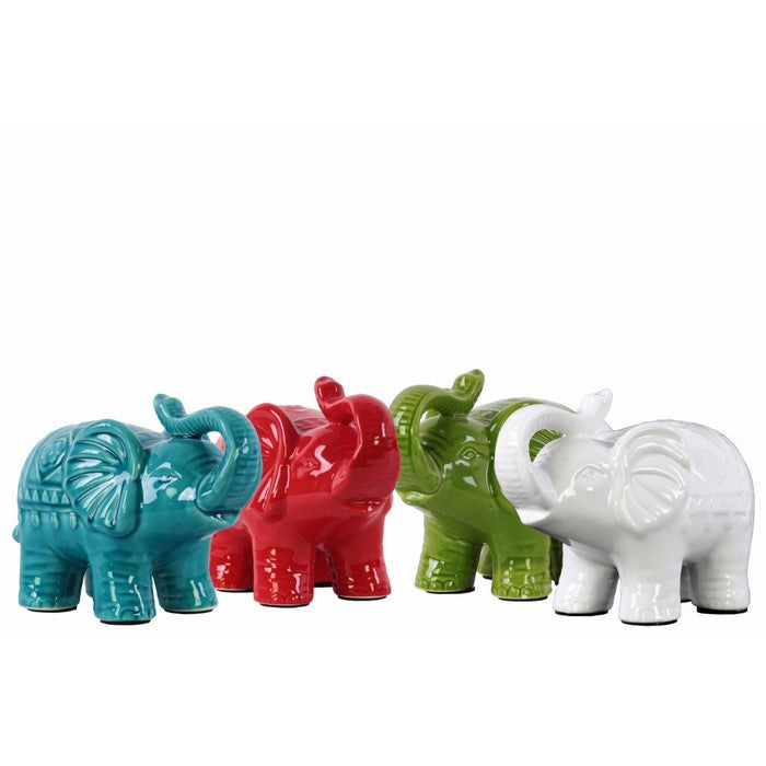 Trumpeting Standing Elephant Figurine In Ceramic, Small, Assortment Of 4, Multicolor