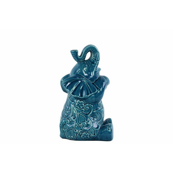 Floral Carved Sitting Elephant Figurine In Ceramic, Medium, Turquoise Blue