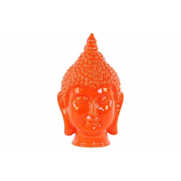 Ceramic Buddha Head Figurine with Pointed Ushnisha, Glossy Orange