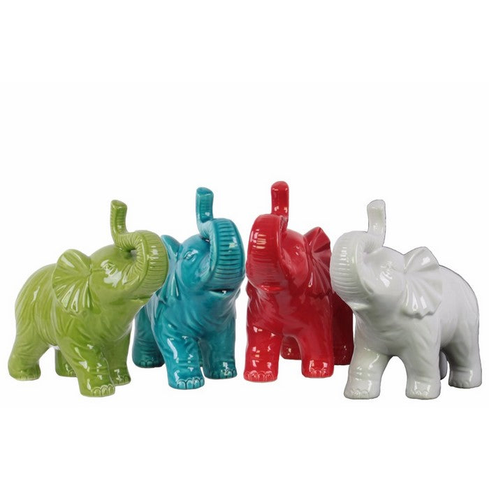 Standing Trumpeting Elephant Figurine In Ceramic, Assortment of 4, Multicolor