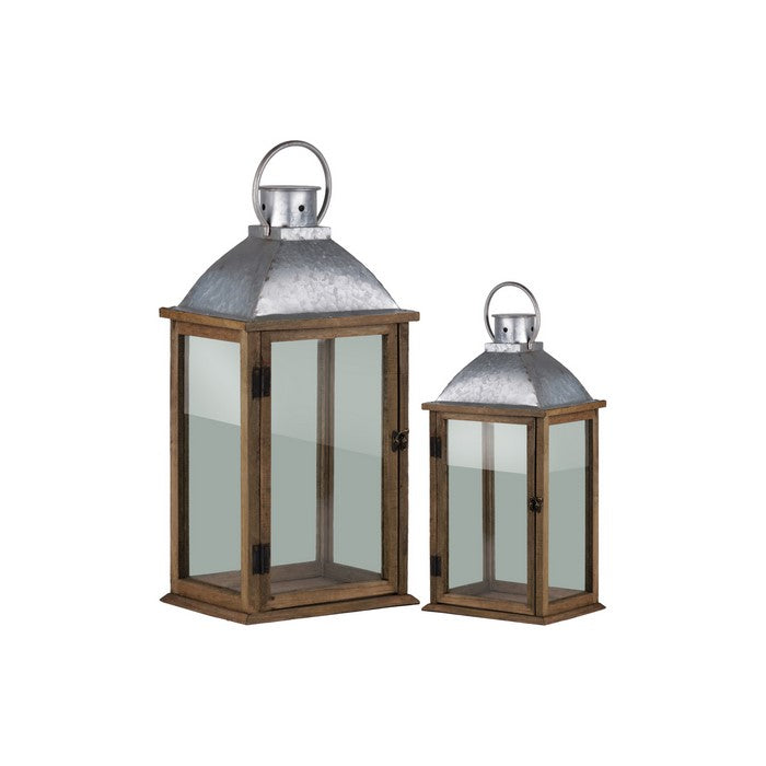 Wooden Lantern With Metal Top, Set Of 2, Natural Brown And Gray