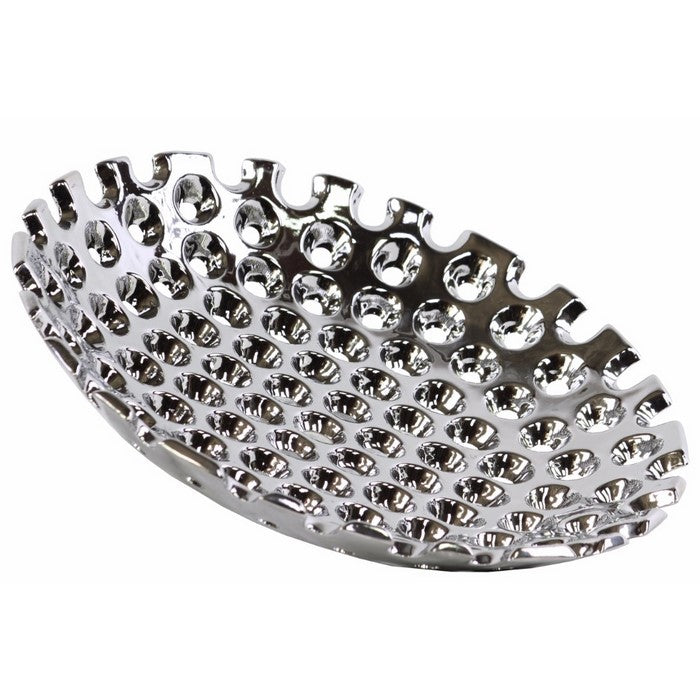 Ceramic Concave Tray With Perforated Pattern, Large, Chrome Silver