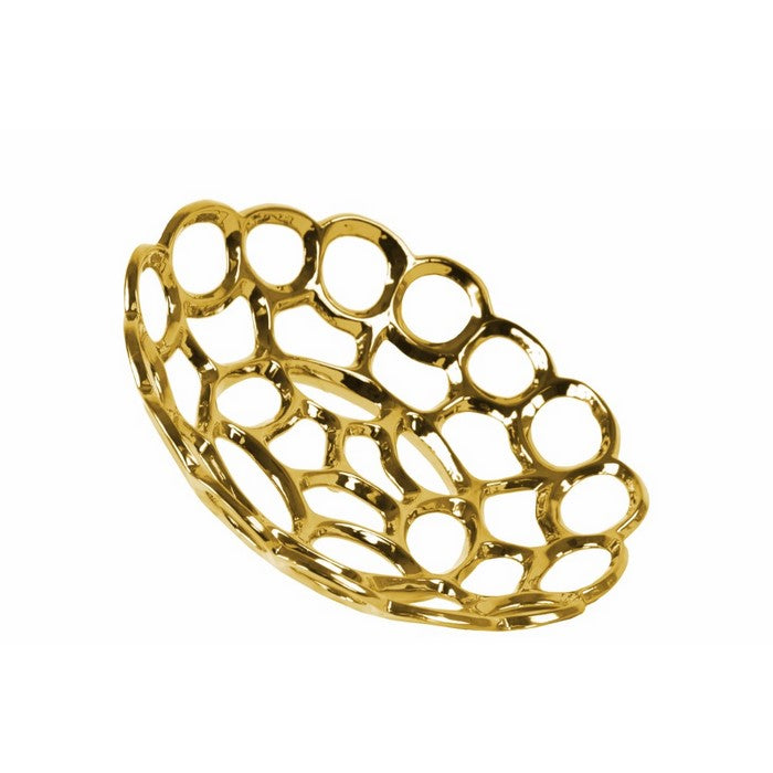 Ceramic Concave Tray With Perforated and Chain-link Pattern, Small, Chrome Gold