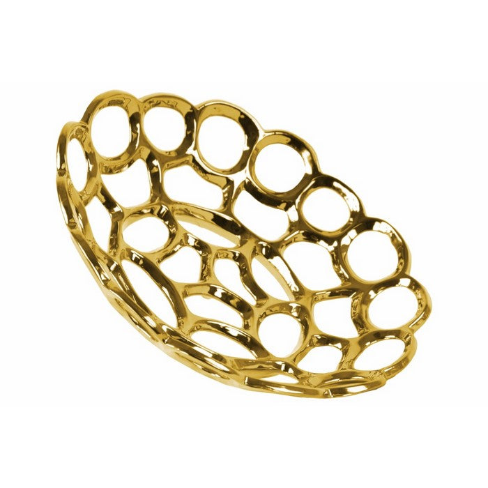 Ceramic Concave Tray With Perforated and Chain-link Pattern, Large, Chrome Gold