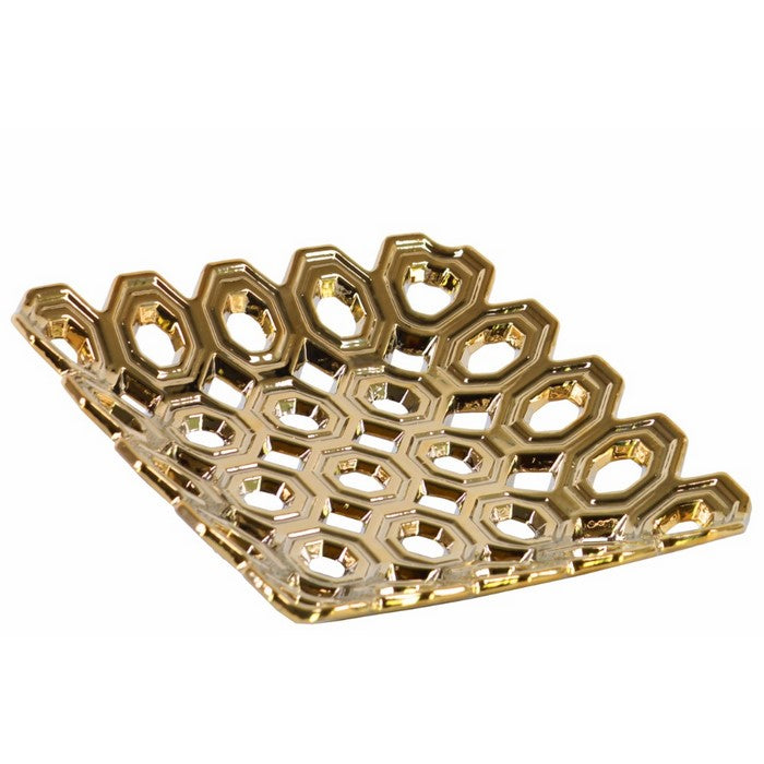 Perforated Circle Patterned Square Concave Tray In Ceramic, Chrome Gold