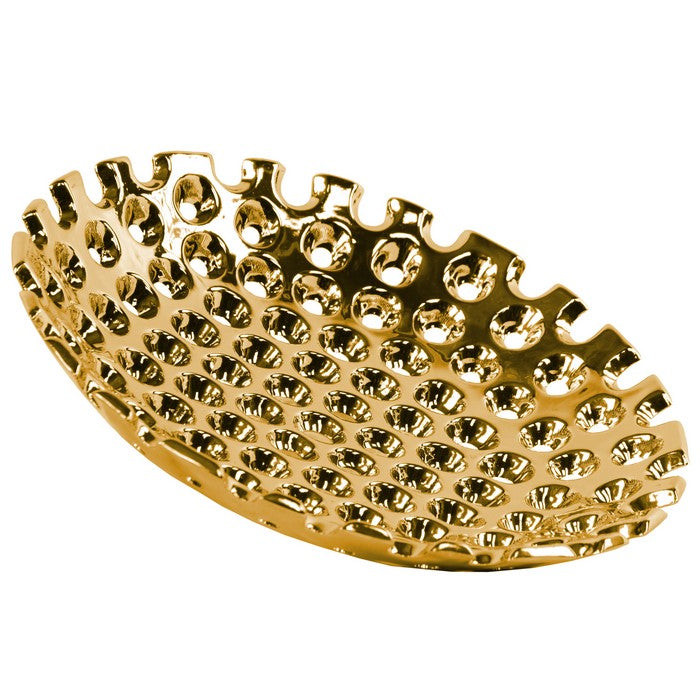 Perforated Patterned Round Concave Tray In Ceramic, Large, Chrome Gold
