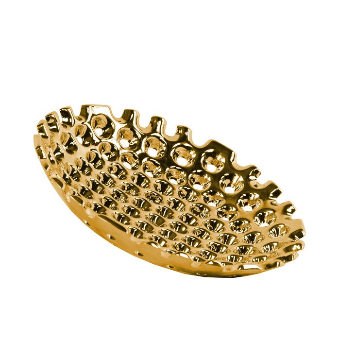 Perforated Patterned Round Concave Tray In Ceramic, Small, Chrome Gold