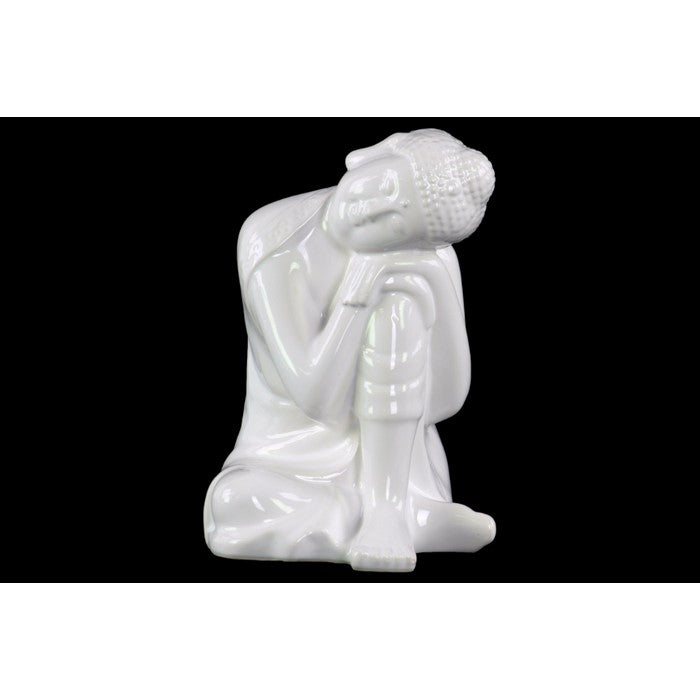 Ceramic Sitting Buddha Figurine With Rounded Ushnisha, Glossy White
