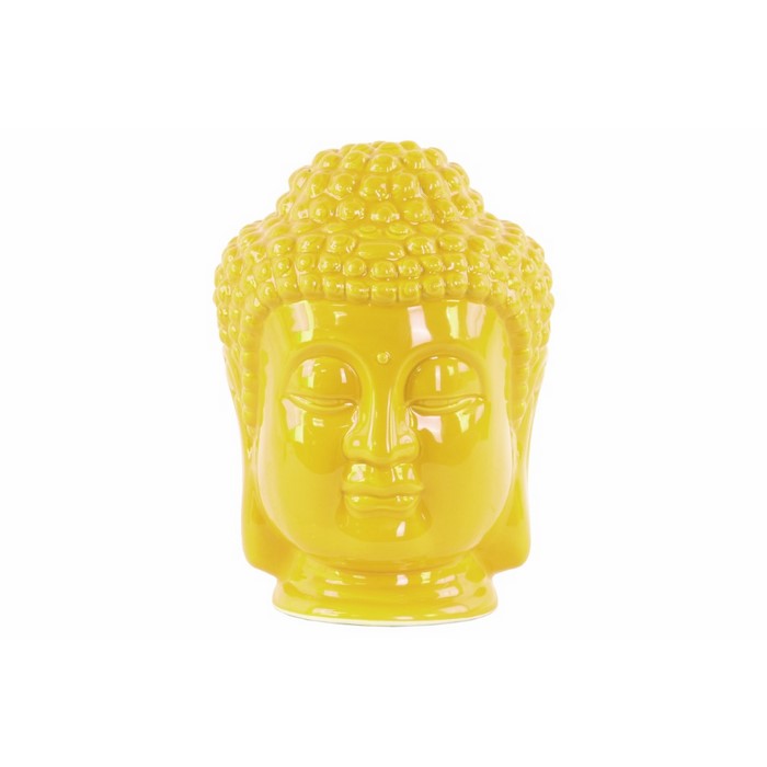 Ceramic Buddha Head Figurine With Beaded Ushnisha, Glossy Yellow