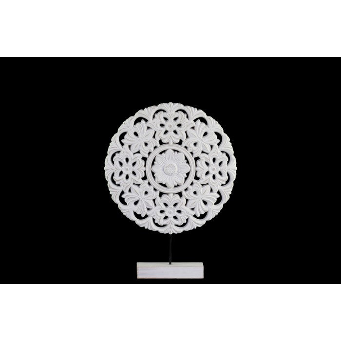 Floral Patterned Round Wooden Wheel Ornament On Rectangular Stand, Small, White