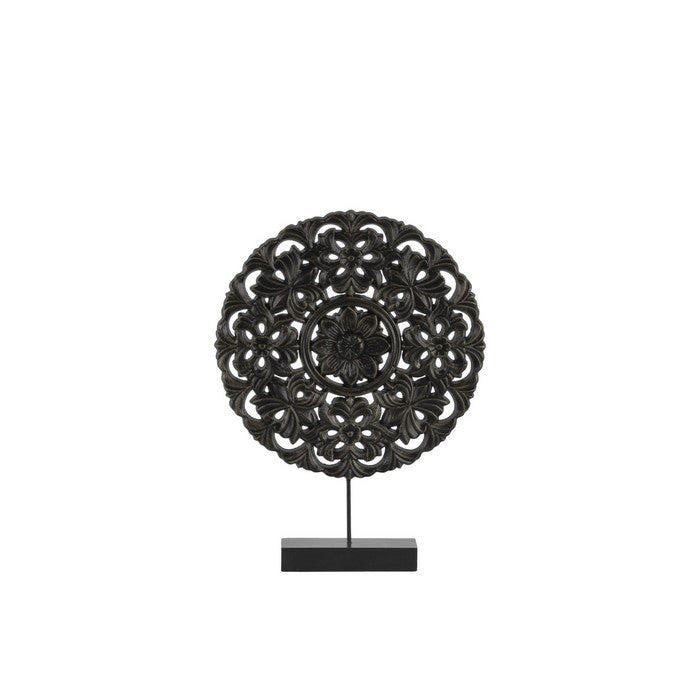 Floral Patterned Round Wooden Wheel Ornament On Rectangular Stand, Small, Black