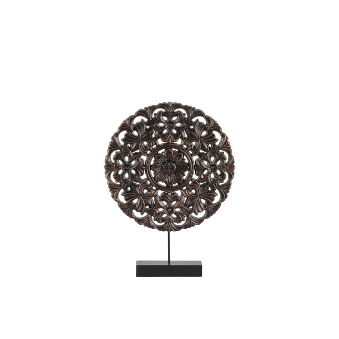 Floral Patterned Round Wooden Wheel Ornament On Rectangular Stand, Small, Bronze