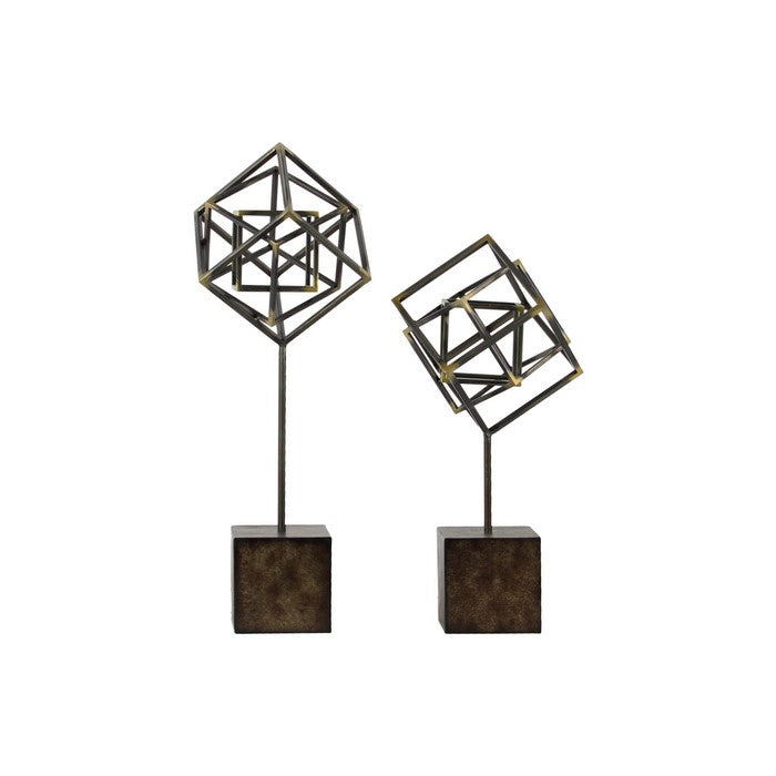 Metal Abstract Sculpture On Square Stand, Set of 2, Gunmetal Gray