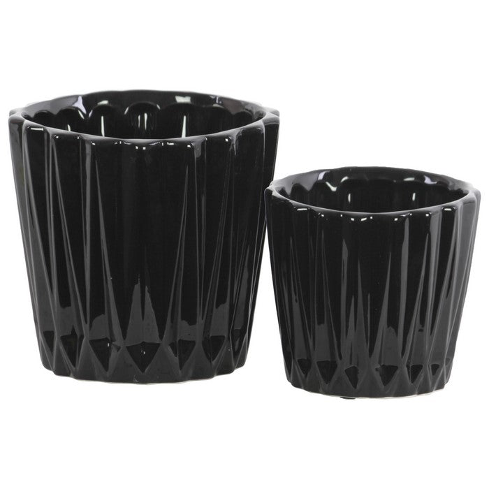 Round Ceramic Vase With Ribbed Pattern, Set of 2, Black