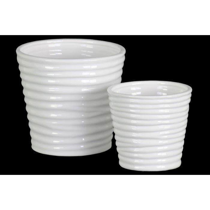 Horizontally Ribbed Patterned Ceramic Vase With Tapered Bottom, Set of 2, White