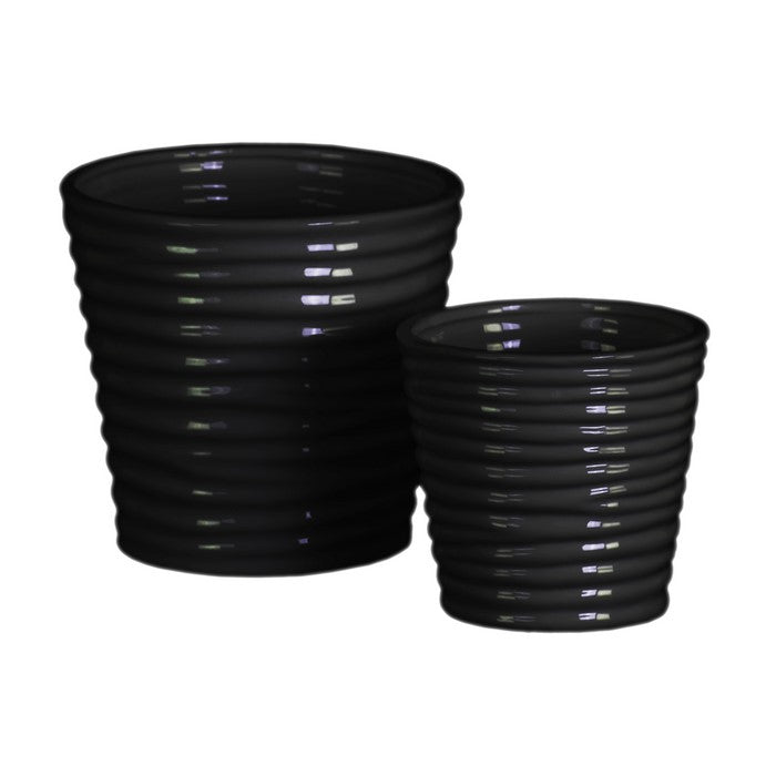 Horizontally Ribbed Patterned Ceramic Vase With Tapered Bottom, Set of 2, Black