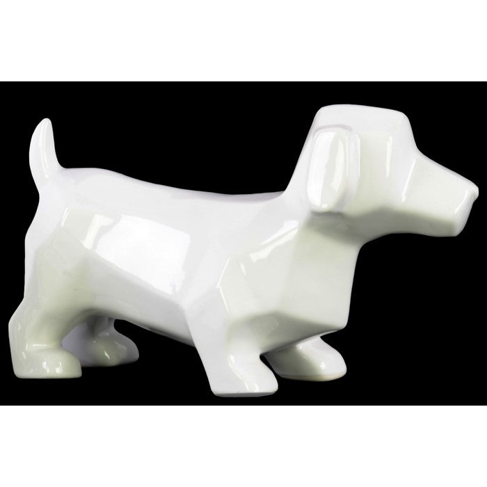 Geometrically Carved Standing Dachshund Dog Figurine In Ceramic, White