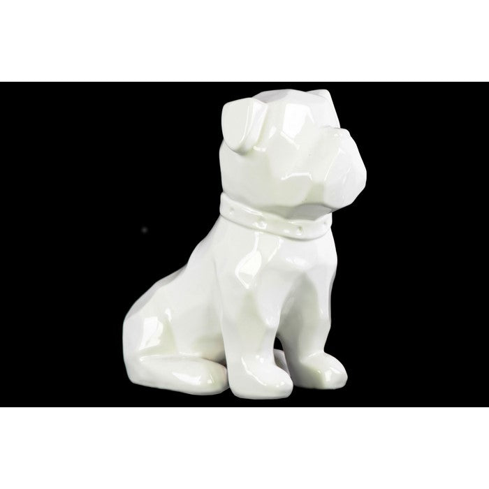 Geometrically Carved Sitting British Bulldog Figurine In Ceramic, White