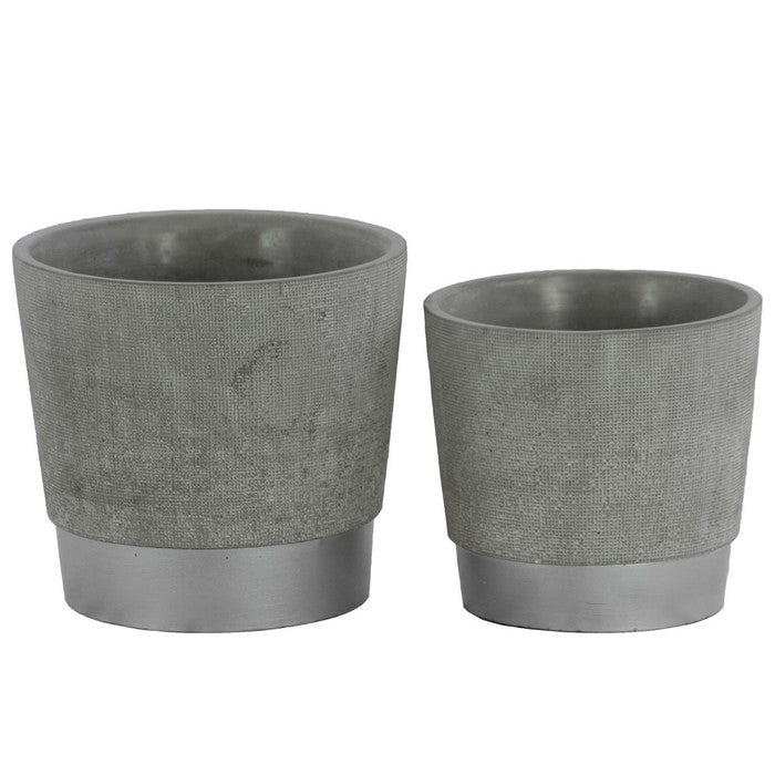 Round Cemented Flower Pot  On Silver Banded Rim Base, Set of 2, Gray