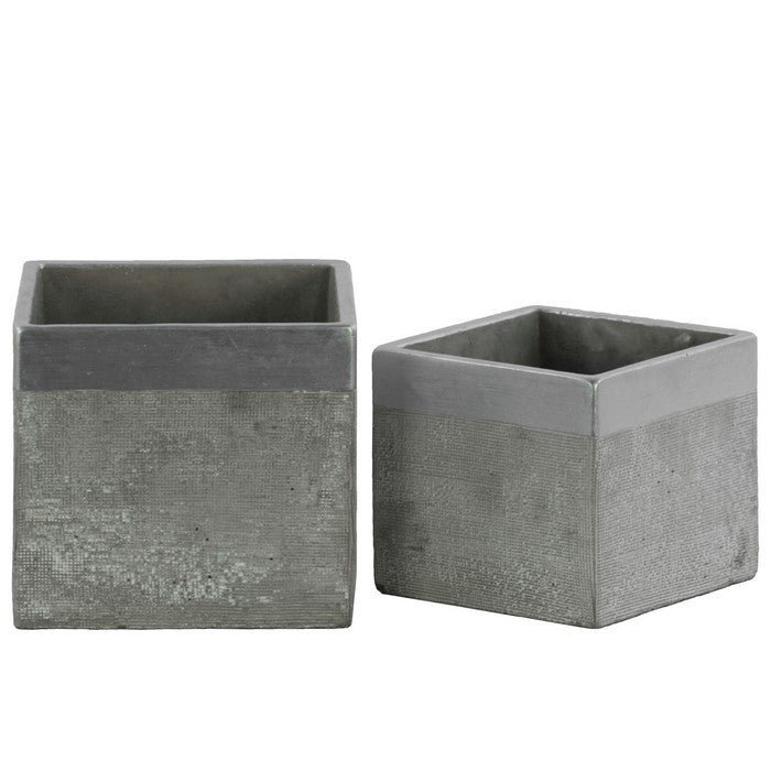 Square Cemented Flower Pot With Silver Banded Rim Top, Set of 2, Gray