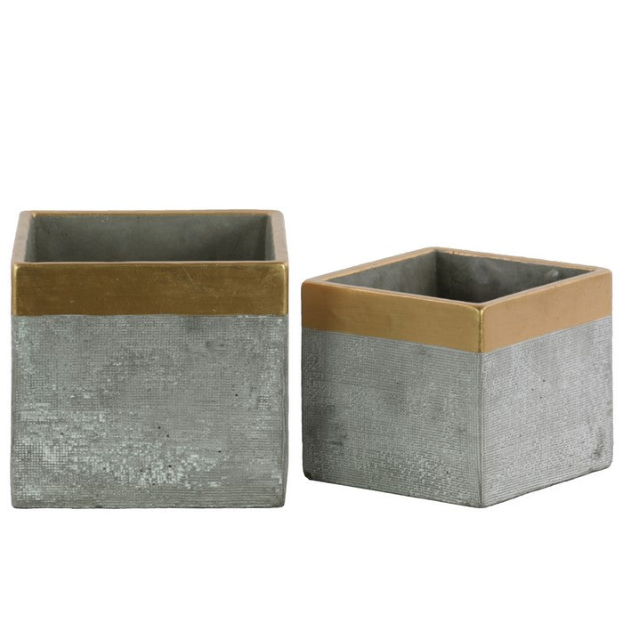Square Cemented Flower Pot With Gold Banded Rim Top, Set of 2, Gray