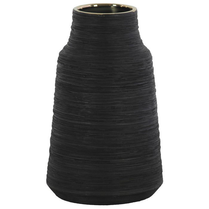 Round Ceramic Vase With Combed Design, Large, Black