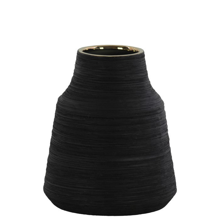 Round Ceramic Vase With Combed Design, Small, Black