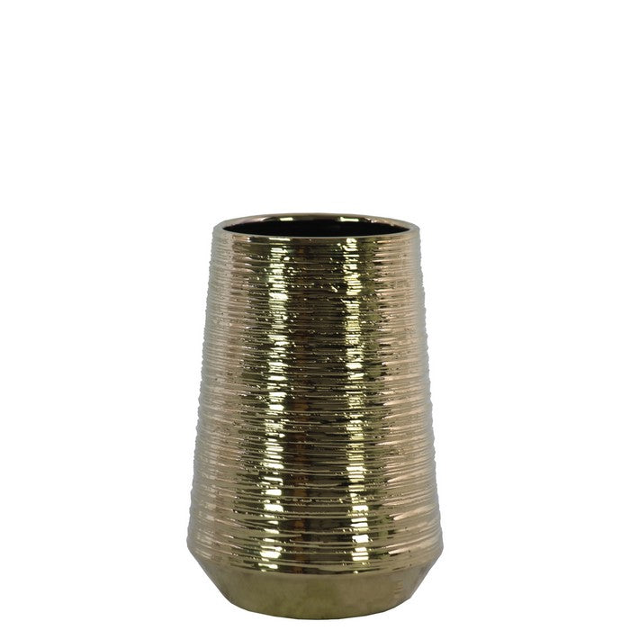 Round Ceramic Vase With Combed Design, Small, Gold