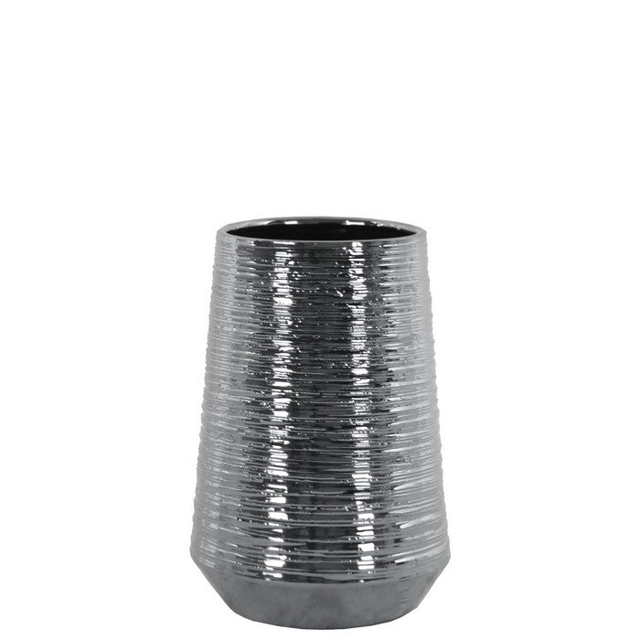 Round Ceramic Vase With Combed Design, Small, Silver