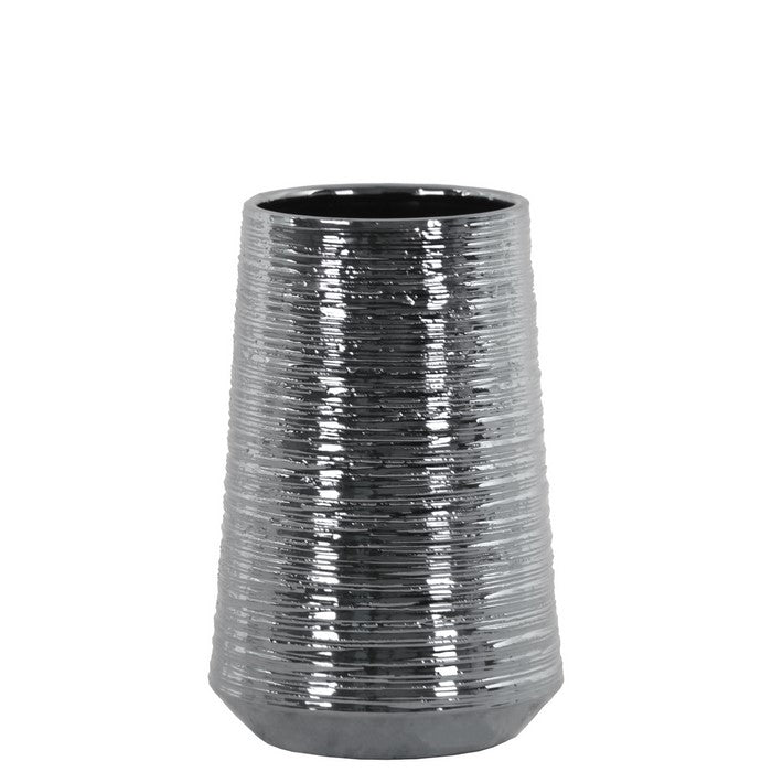 Round Ceramic Vase With Combed Design, Medium, Silver