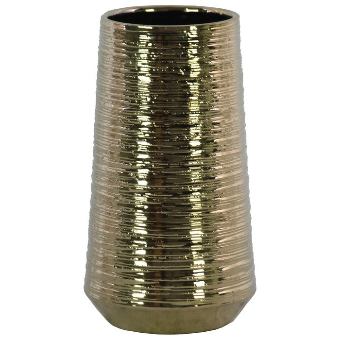 Round Ceramic Vase With Combed Design, Large, Gold