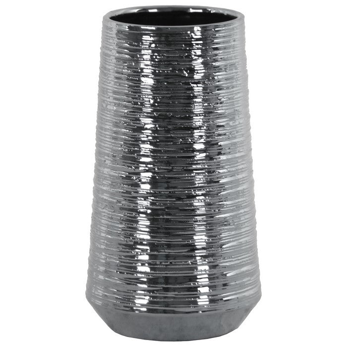 Round Ceramic Vase With Combed Design, Large, Silver