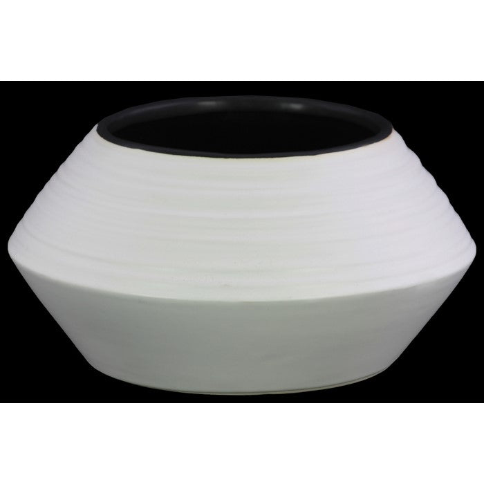 Flared Bellied Round Vase With Combed Design In Ceramic, Large, White