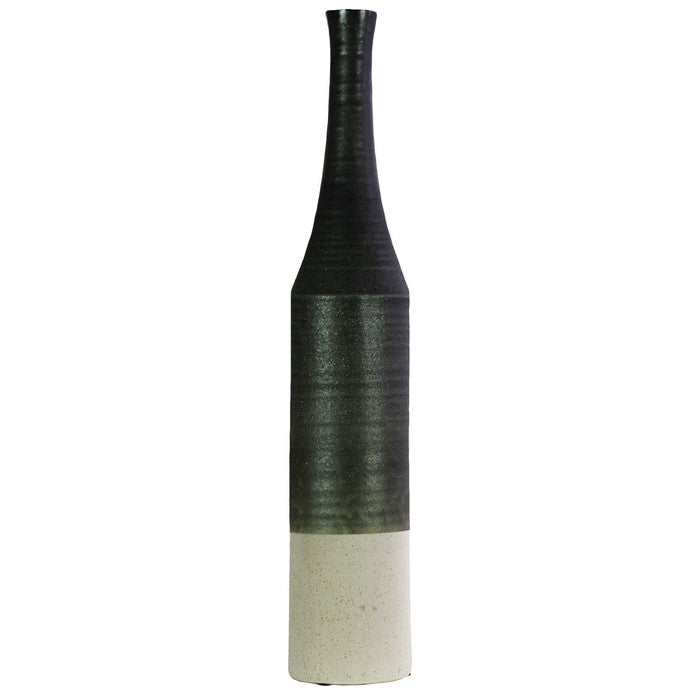 Long Neck Bottle Vase With Combed pattern In Ceramic, Black