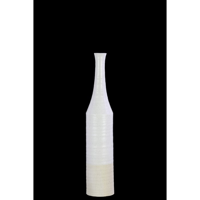 Long Neck Bottle Vase With Cream Banded Rim Bottom In Ceramic, Silver