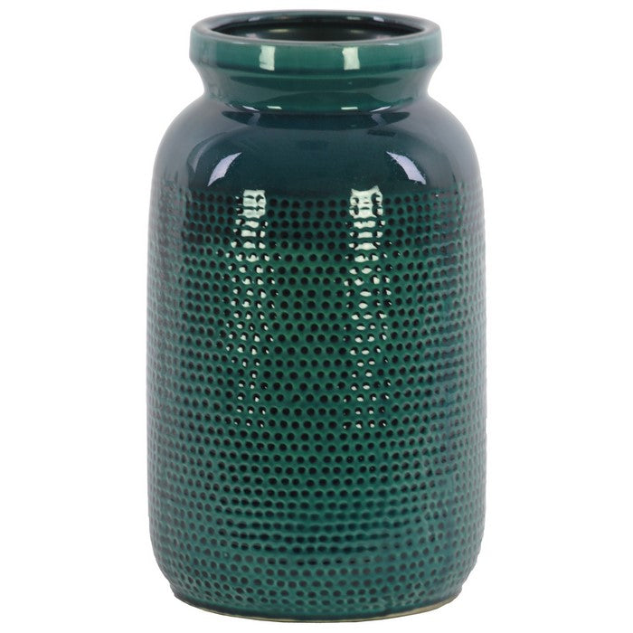 Cylindrical Ceramic Vase With Perforated Pattern, Large, Turquoise Blue
