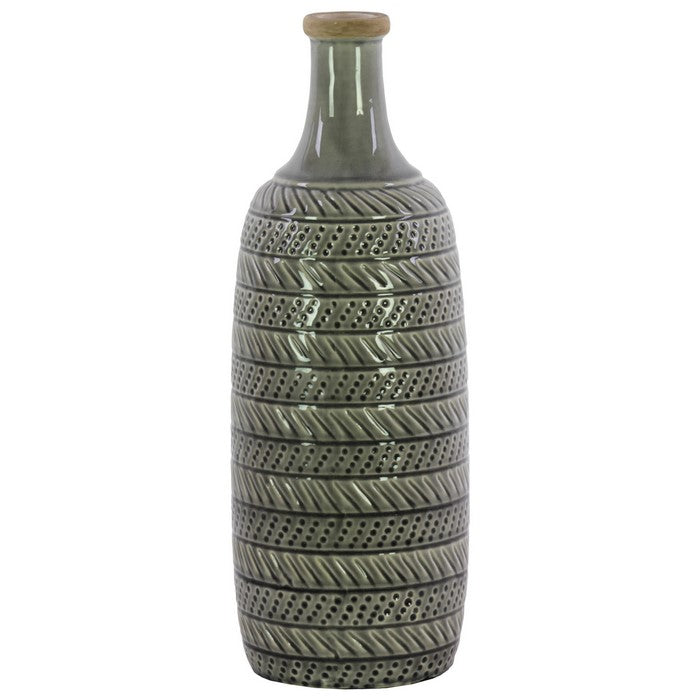 Lidded Ceramic Bottle Vase With Engraved Parallel Design, Large, Light Gray