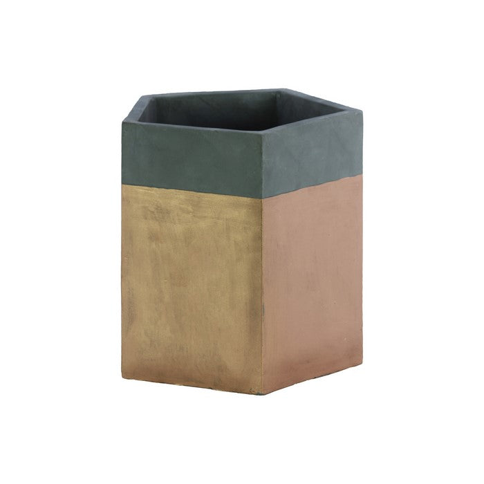 Pentagonal Shape Cemented Flower Pot With Gold Banded Rim, Gray