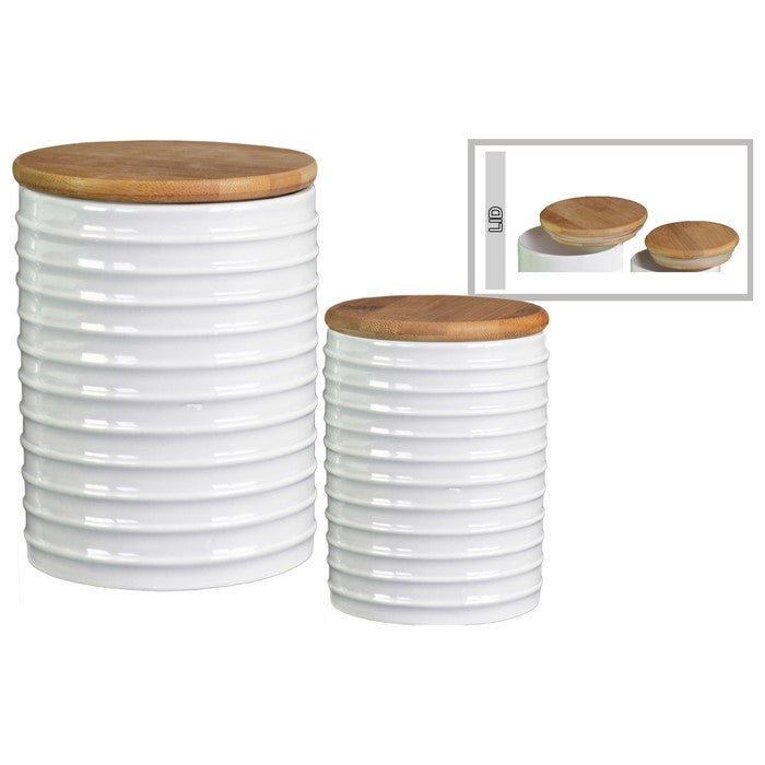 Ribbed Patterned Cylindrical Ceramic  Canister With Wooden Lid, Set of 2, White
