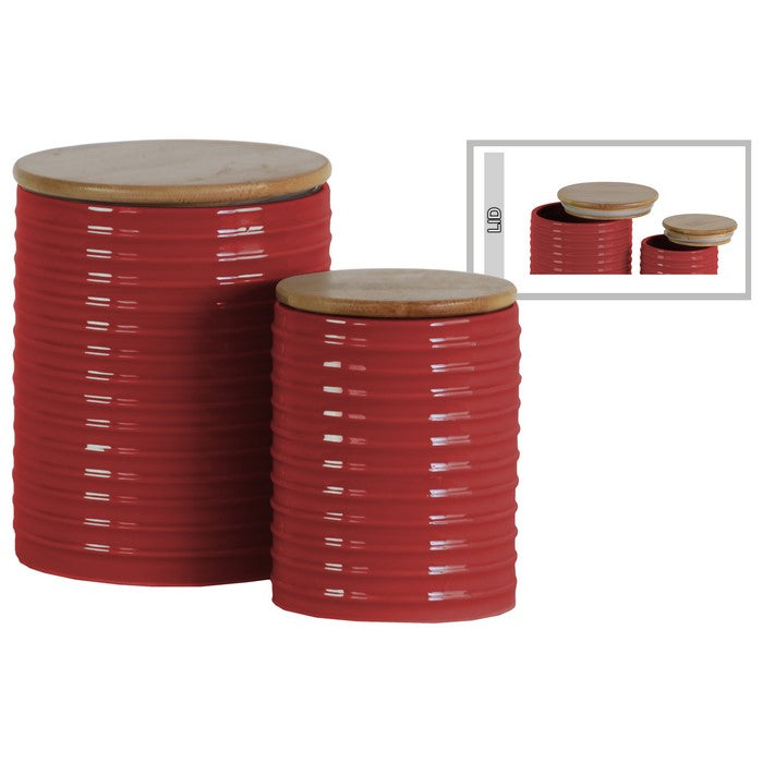 Ribbed Patterned Cylindrical Ceramic  Canister With Wooden Lid, Set of 2, Red