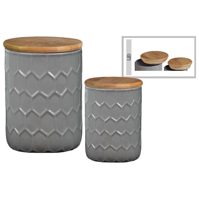 Honeycomb Pattern Ceramic Cylinder Canister with Bamboo Lid, Set of 2, Gray