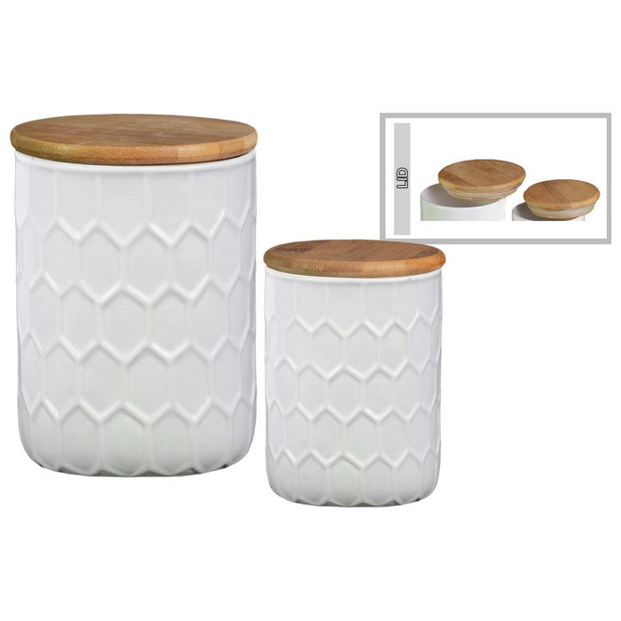 Honeycomb Pattern Ceramic Cylinder Canister with Bamboo Lid, Set of 2, White