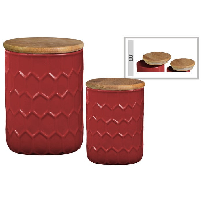 Honeycomb Pattern Ceramic Cylinder Canister with Bamboo Lid, Set of 2,Red