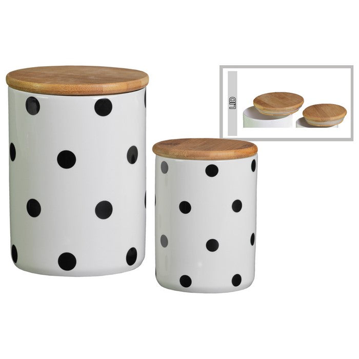 Cylindrical Ceramic Canister with Printed Polka Dot Design, Set of 2, White