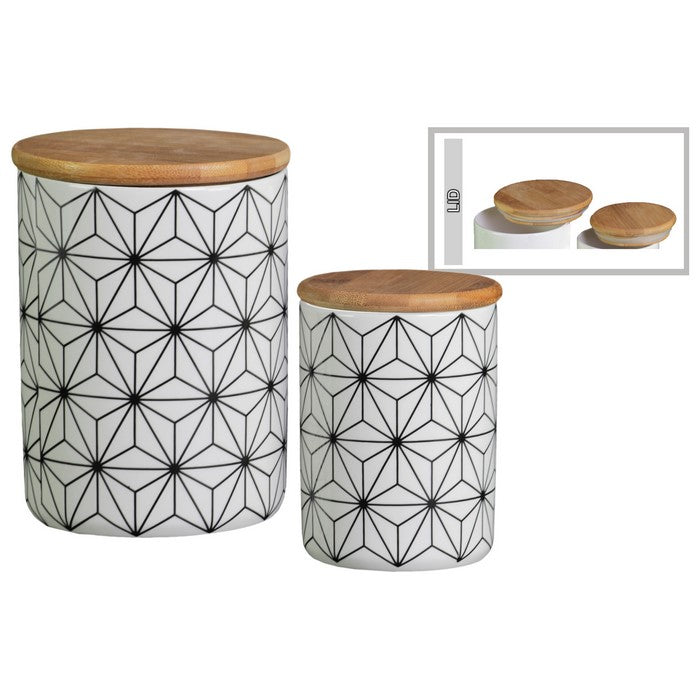 Geometric patterned Canister With Bamboo Lid, Set of 2, White