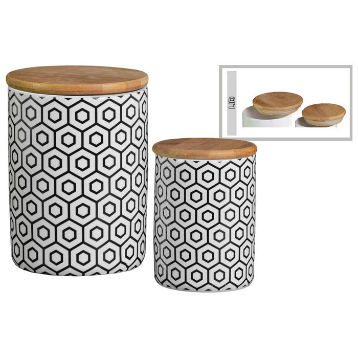 Ceramic Canister With Printed Double Hexagon Design, Set of 2, White And Black