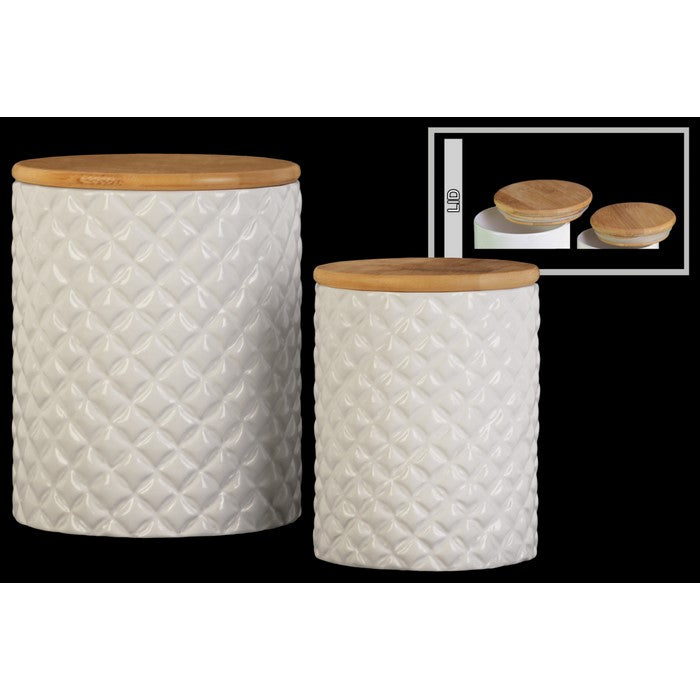 Cylindrical Ceramic Canister With Lattice Diamond Design, Set of 2, White