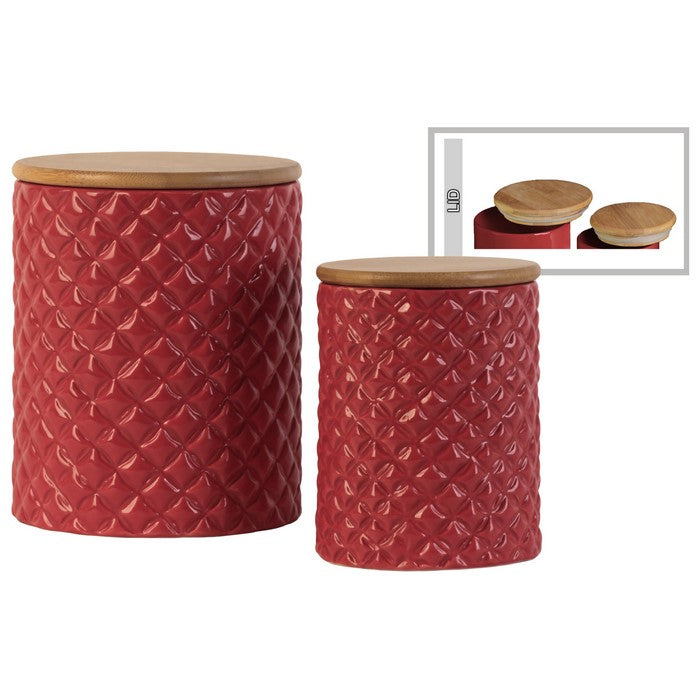 Cylindrical Ceramic Canister With Lattice Diamond Design, Set of 2, Red