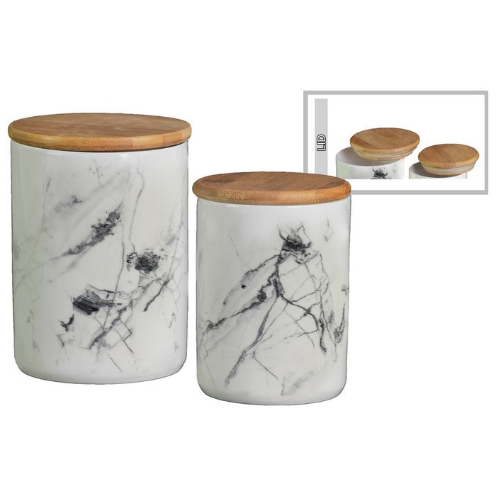 Ceramic Cylindrical Canister With Bamboo Lid, Set of Two, Marbleized White